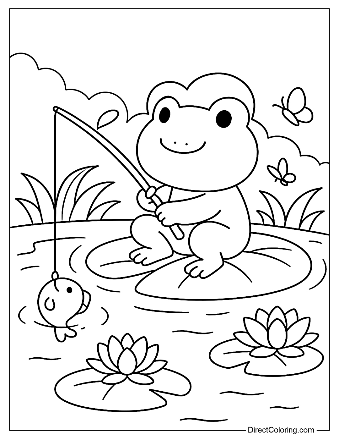 A coloring page of a frog sitting on a lotus leaf, fishing in a lotus pond.